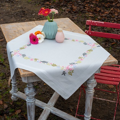 Embroidered Tablecloth with Cross Stitch Flowers